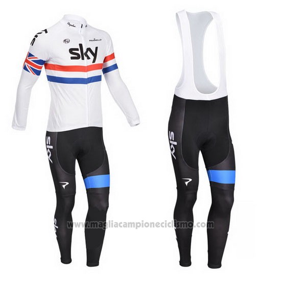 2013 Abbigliamento Ciclismo Sky Campione Regno Unito Bianco Manica Lunga e Salopette